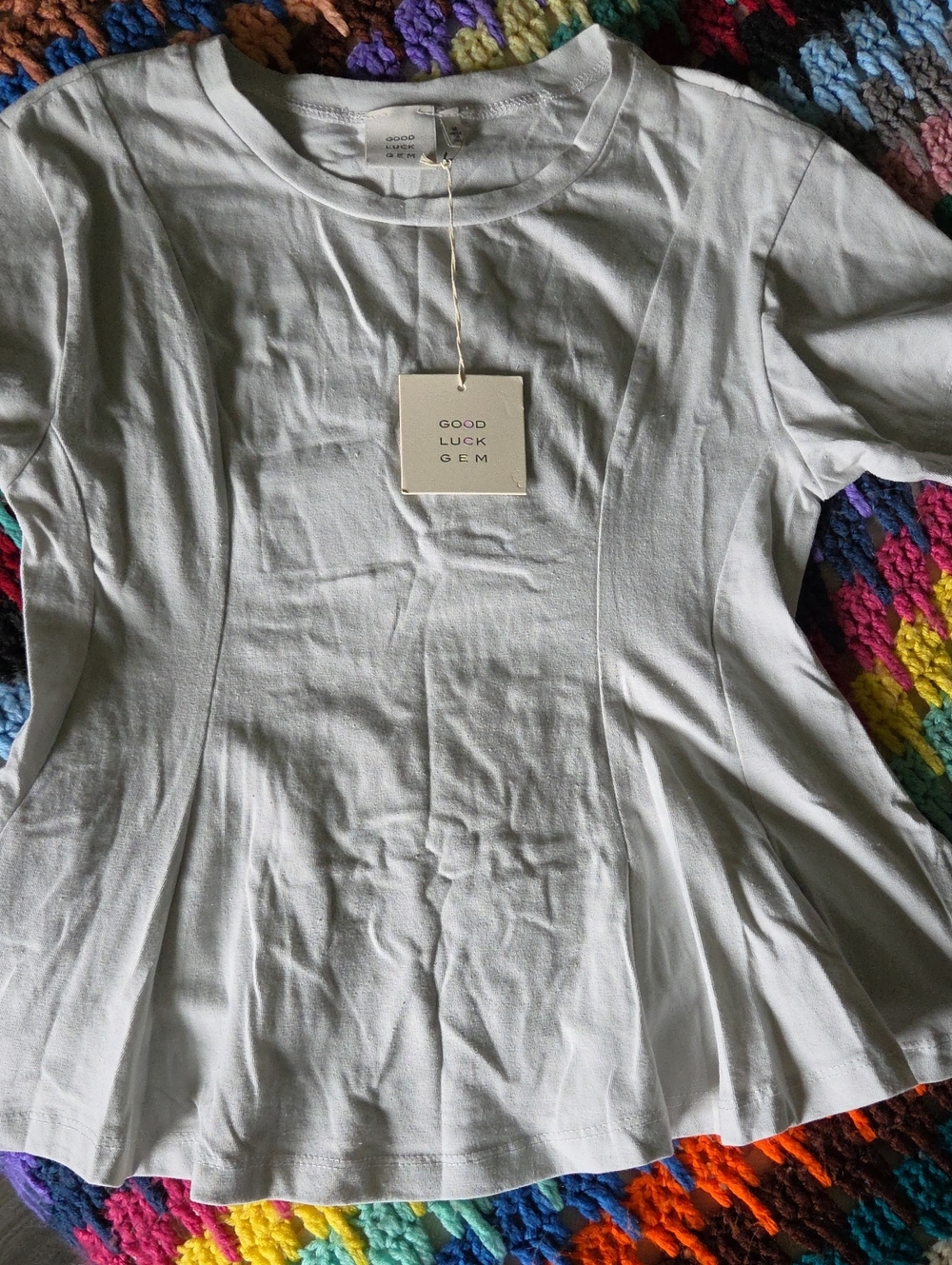 Good Luck Gem Short Sleeve Fit & Flare Peplum Top. Size Medium. NWT.